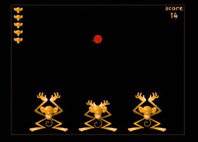 The browser training game as participants see it: gold monkey figures and a red target on a black field, with a score counter in the corner. The gold-on-black palette is the color signature the detector counts.