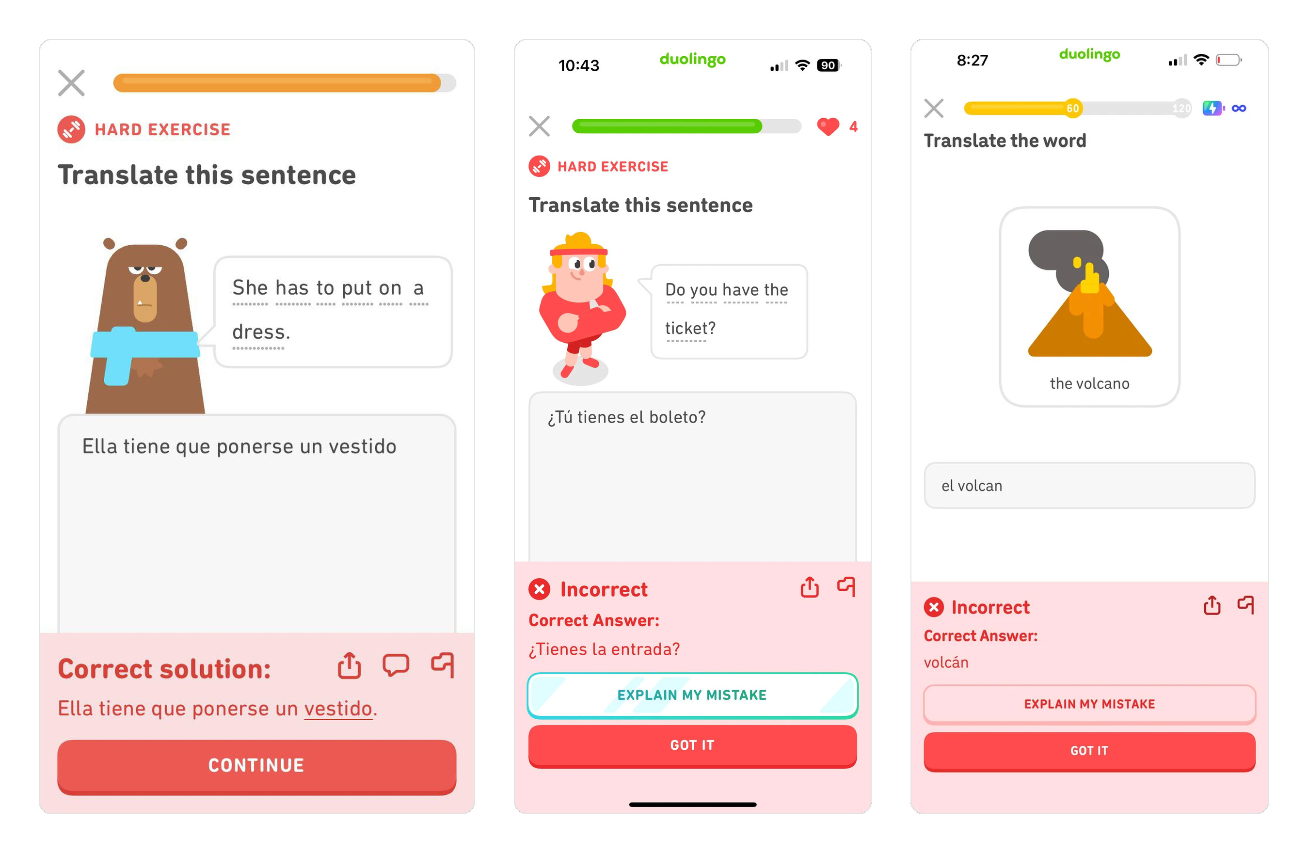 Three real error states. In the first the user's answer is character-for-character identical to the "correct solution." In the second the grammar is valid Spanish. In the third the only error is a missing accent. In all three the app says what is wrong and never says why.