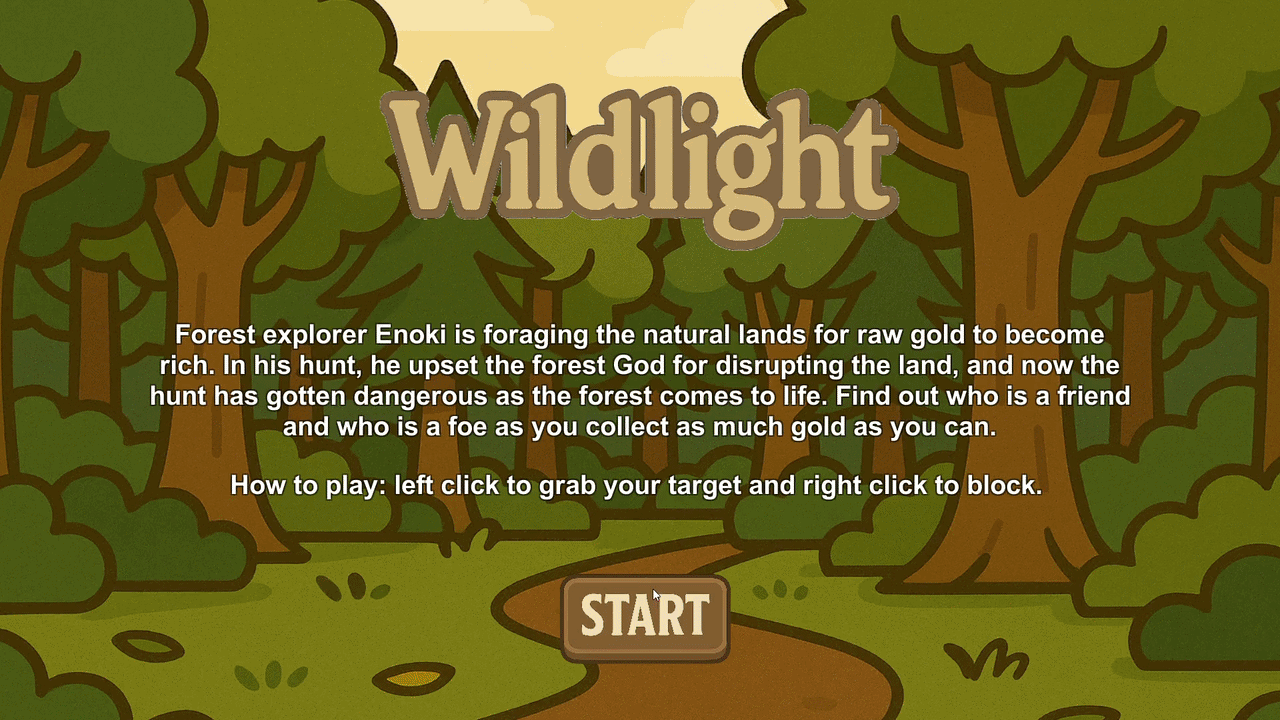 Wildlight gameplay: the title screen introduces Enoki, a forest explorer foraging for gold, then play begins.